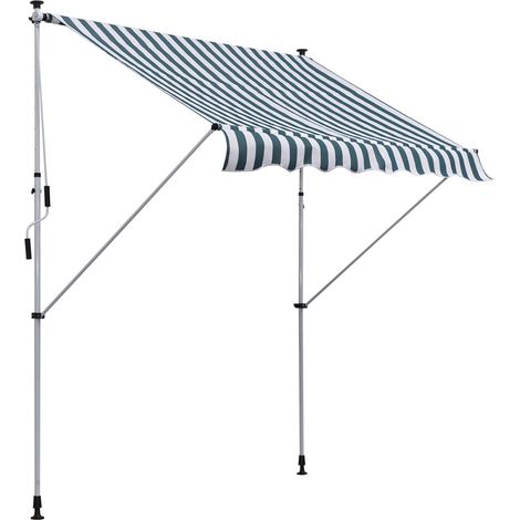 Store banne rétractable manuelle 200x150x170-280 cm pour balcon et terrasse, hauteur réglable et manivelle, rayures vertes et blanches