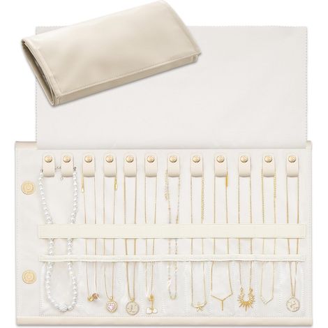 Organizador de collares de viaje antienredos, estuche enrollable para joyas con ganchos individuales y compartimentos transparentes. (1/4)
