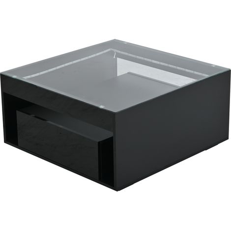 Mesa de centro negra 70 x 70 x 35 cm con 2 cajones, cristal templado y LED (1/5)