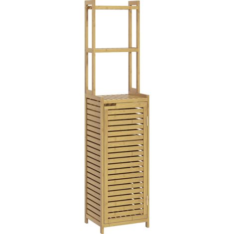 Hoher Badezimmerschrank aus Bambus mit 3 Einlegeböden und 1 Tür, 38,5 x 33 x 170 cm, natur