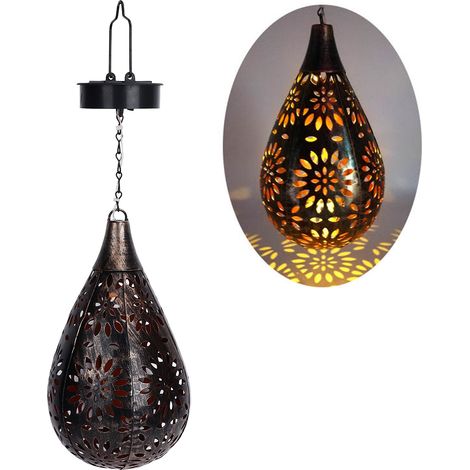 Solarbetriebene Hofleuchte, Hängeleuchte aus perforiertem Metall, Gartenpendelleuchte, Solar-Außenleuchte, wasserdichte Lampe in Tropfenform. (1/5)