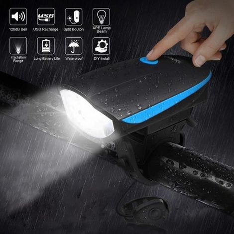 Phare de Vélo Chargement USB - Noir - Pour être vu - Étanche IP44 - Klaxon 120 dB (1/4)