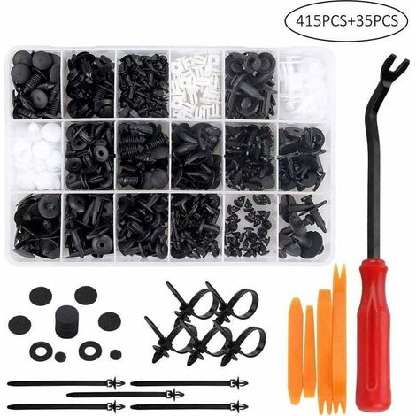 415 clips de rivet en plastique, attache de protection de rivet en plastique, clips de voiture universels noirs et blancs avec boîte de rangement et outil d'installation (1/4)