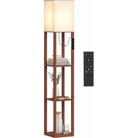 HOMCOM lámpara de pie con 3 estantes, luz LED regulable, brillo ajustable, control táctil y remoto, pantalla de tela, bombilla incluida, marrón (1/5)