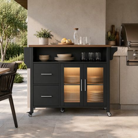 Isola cucina 139/65/94 cm nera con piano ribaltabile, LED, ruote e ampio spazio contenitivo (1/4)