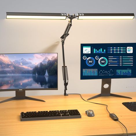 Lampe de Bureau LED Pince, Double Tête Lampe Lecture 2000LM 20W Dimmable, 3 Couleurs & 10 Luminosités, Protection des Yeux, Noir Lampe Pince avec Prise pour Ecran PC, Architecte, Dessin (1/5)