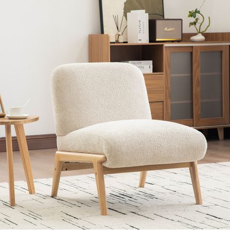 Polster-Accentstuhl aus Chenille in Beige mit Massivholzbeinen, ohne Armlehnen,61,5x74x76 cm (1/5)
