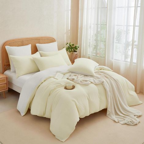 Doppel-Musselin Bettwäsche 155x220 cm Hellbeige/Weiß 100% Baumwolle 3-teilig