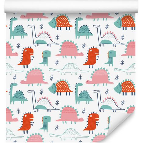 Carta da parati con dinosauri e foglie colorate per soggiorno e camera da letto, 50x1000 cm (1/5)