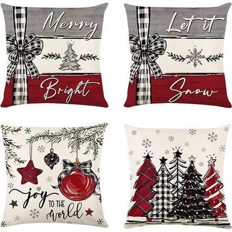 4pcs Housse Coussin Noël, 45x45 cm, Wapiti Coton Lin Décoratif Taie d'oreiller,Polyester Lin Taie d'oreiller (1/5)