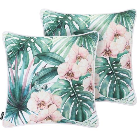 Set di 2 cuscini da esterno per giardino con motivo botanico verde Allamanda (1/5)