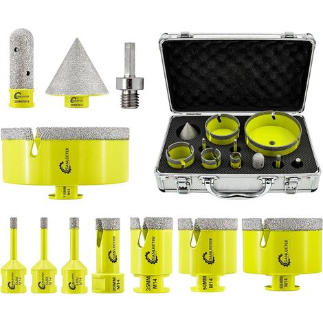 Foret Diamant Carrelage Kit - Trepan Carrelage Scie Cloche Diamantée (6/6/8/20/35/50/68/110mm+20mm Fraise +50mm Mèches Chanfrein+Adaptateur) pour Céramique, Porcelaine, Marbre, Granit (1/5)