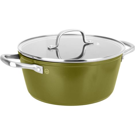 Faitout Aluminium Recyclé Ø 24 cm H 10,5 cm Vert Metallisé Revêtement intérieur sans PFOA - Manche en Inox Riveté - Couvercle vapeur en verre - Tous feux dont induction (1/5)