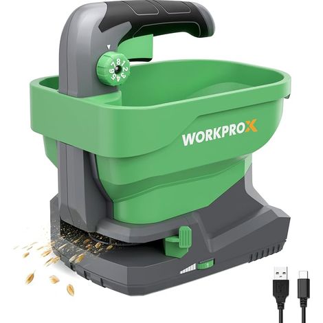 WORKPRO X 7.2V Electric Seed Spreader with 8 Flows, 6 Speeds Adjustable Projection Width, Lawn Spreader with Built-in Battery 2.0Ah for Seed, Fertilizer and Snow Removal Salt