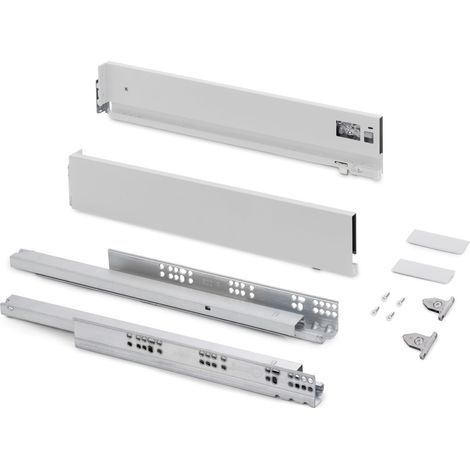 Kit tiroir pour cuisine et bain à régulation 3D, hauteur 93mm, profondité 450mm, 40 Kg, fermeture amortie, panneaux non incluses, Acier, blanc (1/5)