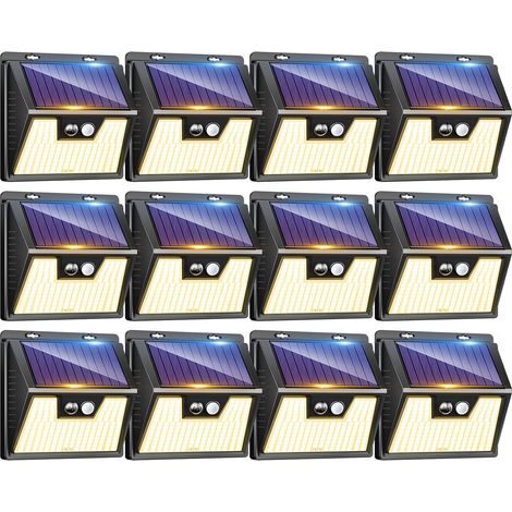 Lot de 12 Lampe Solaire Exterieur Detecteur de Mouvement, 176 LED Lumiere Extérieur IP65 Étanche Spot Solaire 3 Modes Eclairage Exterieure, Projecteur Extérieure pour Jardin Garage, Blanc Chaud (1/5)