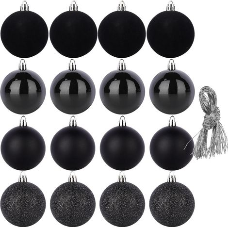 16 bruchsichere Weihnachtskugeln, schwarzes Weihnachtsbaumkugel-Set (1/4)