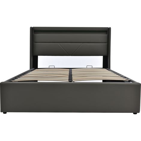 Hydraulisches Bett 140 x 200 cm mit LED, gepolstertes Doppelbett aus grauem PU MODENUIT (1/5)