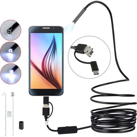 Endoscope 3 en 1 USBMicroType-C Ultra-Mince 8mm Semi-Rigide Caméra d'inspection avec 6 LED IP67 Étanche et Câble Serpen(1.5m) (1/5)