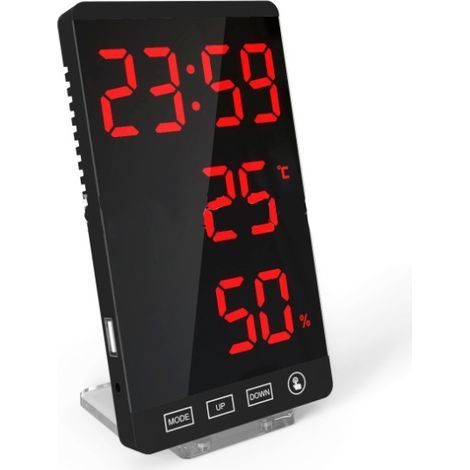 LED mirror clock, thermometer and hygrometer, electronic weather clock, alarm clock, bold red lettering (1/5)