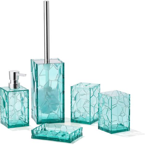 Lot de 5 Accessoires de Salle de Bain en Acrylique Transparent, Anti-Rouille, Comprend Un Distributeur de Savon, Un Porte-Brosse à Dents, Une Tasse, Un Porte-Savon et Une Brosse WC (Bleu Sarcelle) (1/5)
