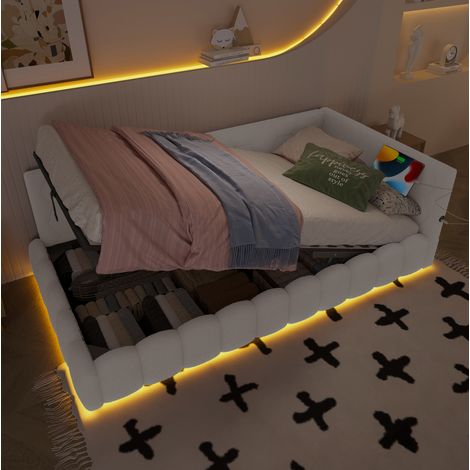 Lit coffre 90x200, velours blanc, LED, HAVRYA (1/5)
