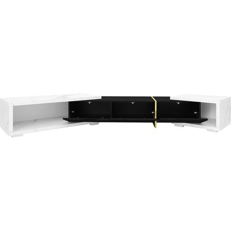 Mueble TV moderno extensible y giratorio 140-260 cm, mármol blanco, negro y dorado (1/5)