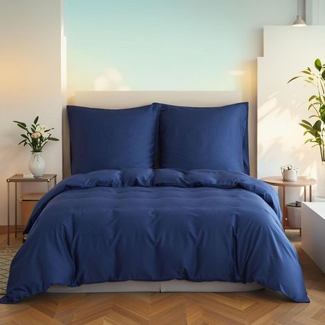 Bettwäsche-Set Bambus 135x200 cm Dunkelblau mit Kissenbezug