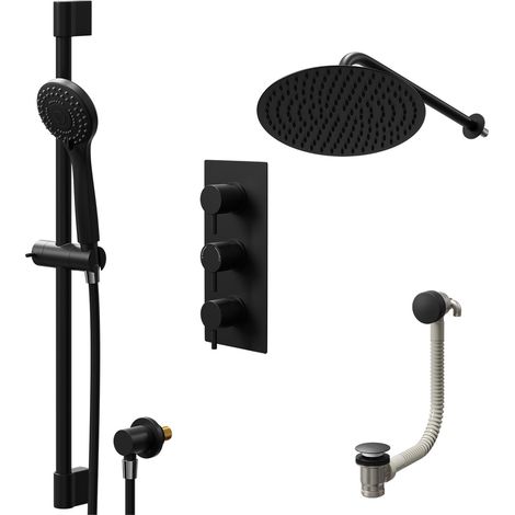 Colore Round Matt Black Concealed Triple Thermostatic Shower Valve with Diverter and 300mm Fixed Head with 345mm Wall Arm and Slide Rail Kit with Free-Flow Bath Filler - 3 Outlet (1/5)