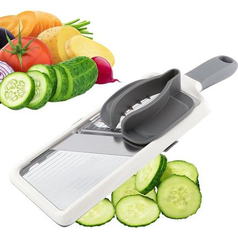 Mandolina regolabile - Affettatrice per verdure - 1 mm/2 mm/3 mm - Affettatrice da cucina - Lama in acciaio inox - Con protezione per le dita - Affettatrice per frutta e formaggio - Grigio/Bianco (1/5)