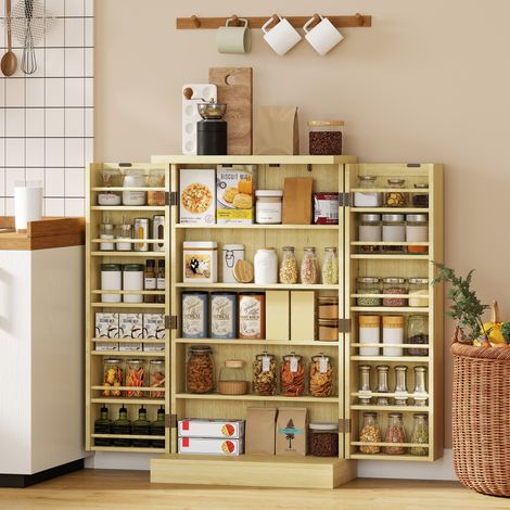 Garde-manger de 104 cm, 12 étagères à épices, étagères réglables, bois naturel. (1/5)