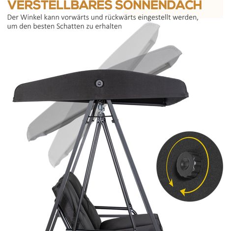 Balançoire suspendue double place, banc de jardin 2 personnes avec store orientable, charge max 220 kg, 145 x 116 x 172 cm, noir