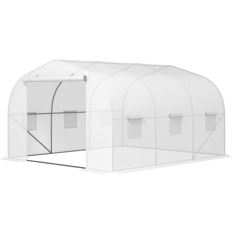 Serre tunnel de jardin 3,5x3x2 m blanche – 6 fenêtres, porte roulante, acier et PE – Pour légumes et fleurs (1/4)