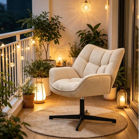 Poltrona girevole in lino beige, schienale alto, braccioli, 67 x 68 x 80,5 cm OKMYHOME (1/4)