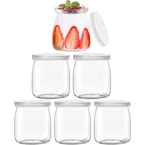 Lot de 6 bocaux à yaourt en verre transparent de 150 ml avec couvercle, petits pots à yaourt, verres à dessert polyvalents, pour yaourt, dessert, pudding (1/5)