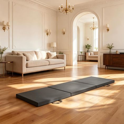 Colchoneta de gimnasia plegable de 3 partes gris 180 x 60 x 5 cm con asas OKMYHOME (1/5)