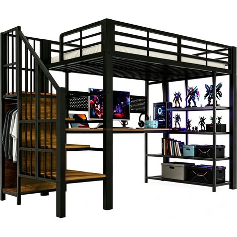 Letto a soppalco 90x200 cm con scala contenitore, scrivania lunga, ripiani, presa EU e luce LED RGB, struttura in metallo e pannelli in legno, nero CHICFURN (1/5)