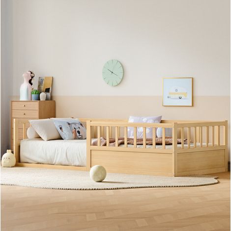 Letto per bambini Montessori in legno massello di pino naturale 90x200 cm con 3 sponde di sicurezza e rete a doghe