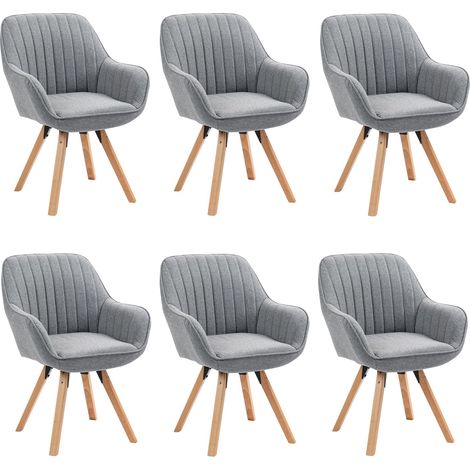 Meuble Lot de 6 Chaise Salle à Manger Fauteuil Coiffeuse Siège Pivotant avec Accoudoirs pour Chambre Salon Cuisine Bureau, Rembourré en Tissu Pieds en Bois Massif, Gris, 60x58x83cm (1/5)
