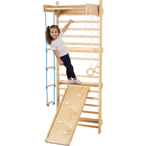 Échelle murale suédoise, 5 en 1, jouets d'escalade d'intérieur en bois, charge de 99,8 kg, avec barre de traction, anneaux de gymnastique, échelle murale, échelle de corde et planche coulissante (1/5)