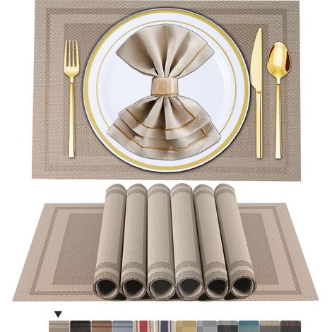 4 Sets de Table Lavable PVC Vinyle Dessous Assiette de Dîner Durables Napperon Rectangulaire Intérieure/Extérieure 4 Pièces, 01 Beige (1/5)