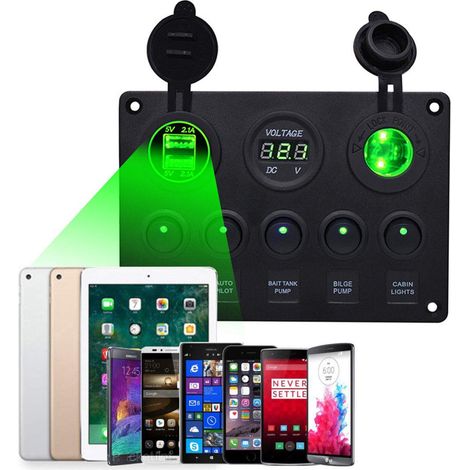 Pannello multifunzione - Pannello interruttori a bilanciere On/Off a 5 bande, doppia presa di carica USB 2.1A e 2.1A + + LED accendisigari voltmetro per auto nautica camper camion camper veicoli (1/5)