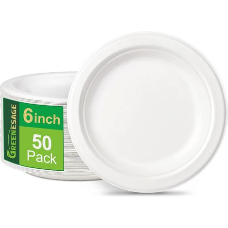 Lot de 50 assiettes jetables en carton de 15 cm, blanches, petites assiettes de fête, vaisselle jetable en sucre de canne à sucre, assiettes jetables biodégradables (1/5)