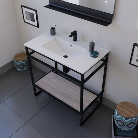Meuble salle de bain STRUCTURA 80 cm avec plan vasque- Céramique - Bois (1/5)