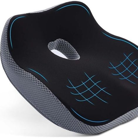 Coussin de siège noir et gris avec perforations rondes aérées et liseré en maille respirante pour espace professionnel (1/3)