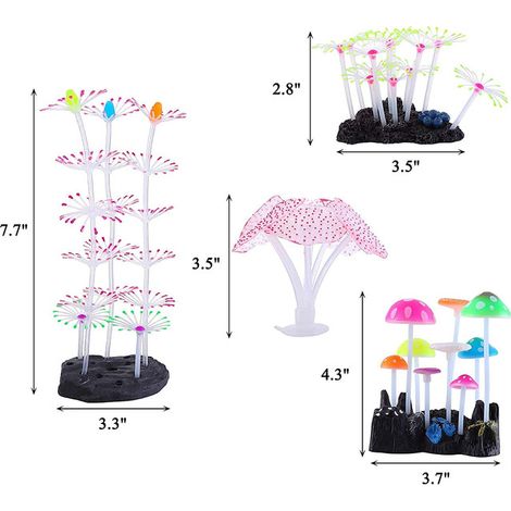 Décoration d'Aquarium Lumineuse Plantes Artificielles et Champignons en Silicone Effet Fluorescent sous Lampe Bleue Accessoires pour Décor de Réservoir de Poissons Coral Néon