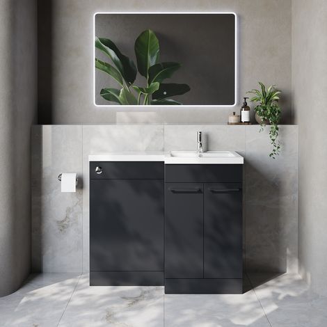 Napoli 390 Gloss Grey 1000mm 2 Door Vanity Unit Toilet Suite with Right Hand Square Lucia Basin - 1000mm - Chrome 160mm HandleWithout Kingston Toilet Pan