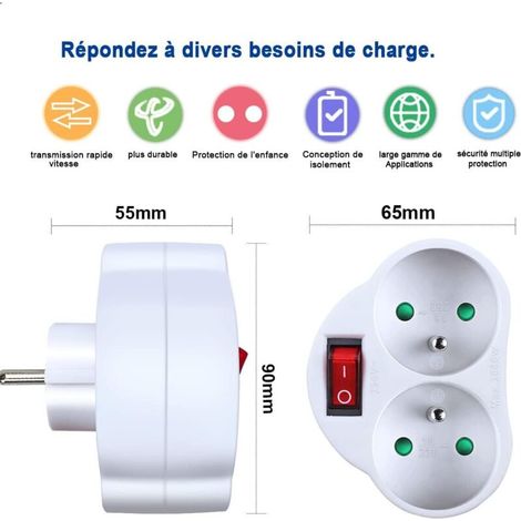 Prese elettriche con interruttore, multipresa 2 in 1, ideale per camera da letto, ufficio, casa, 16A, 230V, bianca (1/4)