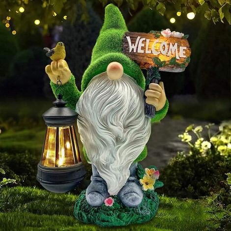 1 Statue de nain jardin en résine floquée, lumières solaires, panneau bienvenue, décoration extérieure pour jardin et allée