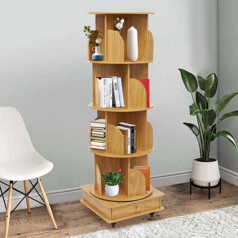 Bibliothèque rotative avec roulettes et tiroirs, 4 niveaux, pivotante à 360 ° en bois massif pour petits espaces, étagère étroite multicouche pour la maison, le bureau, l'étude (1/5)